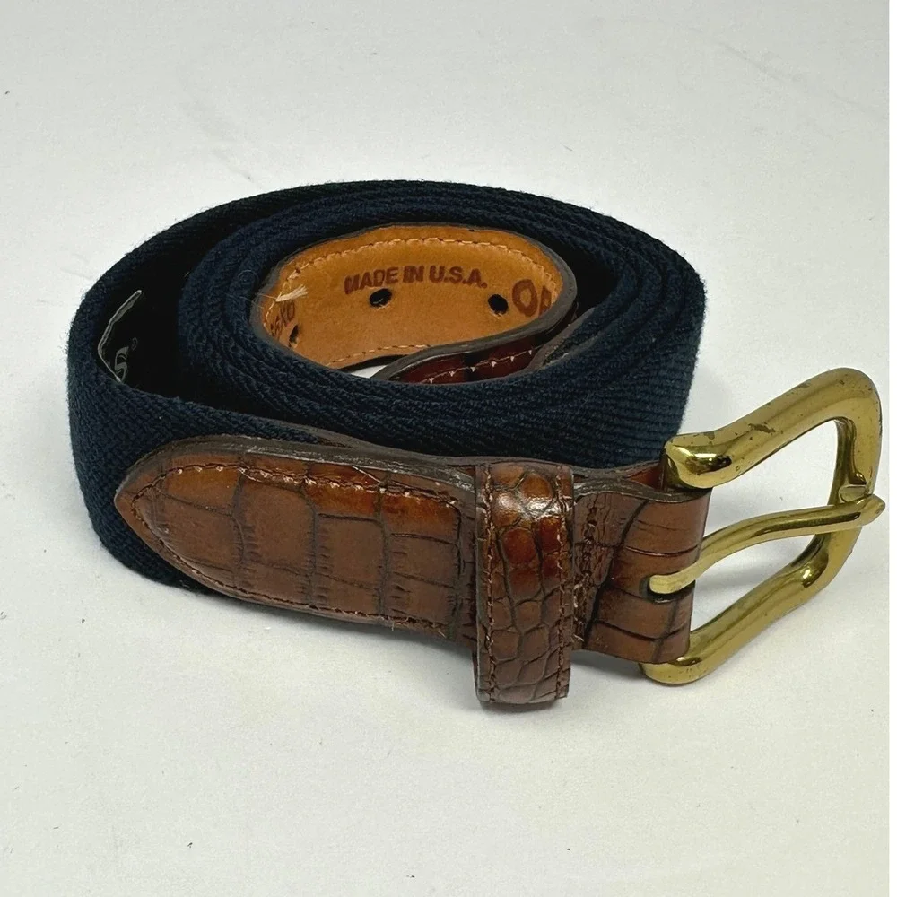 Orvis Mens Belt 42 Navy Blue Canvas Brown Croc Embossed Leather Brass USA Made